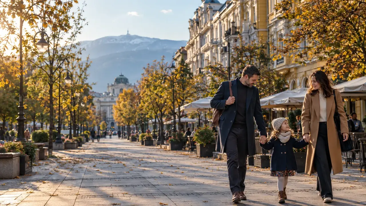 A family walking along a tree-lined boulevard in central Sofia in autumn
