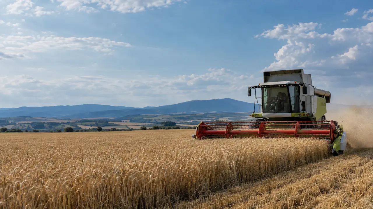A combine harvester gathers wheat in a Bulgarian field