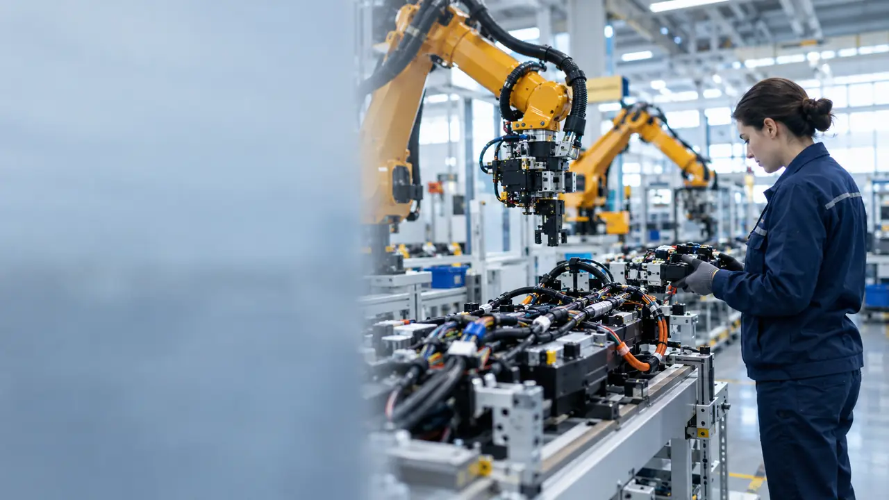 A technician checking car wiring harnesses beside robotic arms in an automotive parts factory