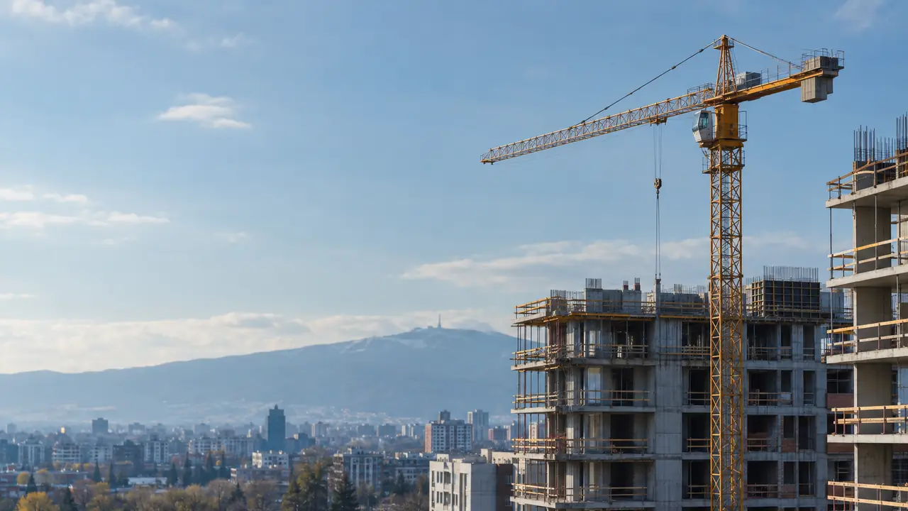 A tower crane above apartment buildings under construction in Sofia