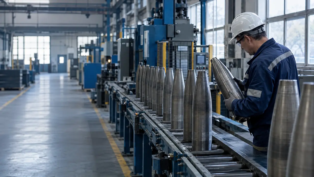Artillery shell casings on a Bulgarian factory production line