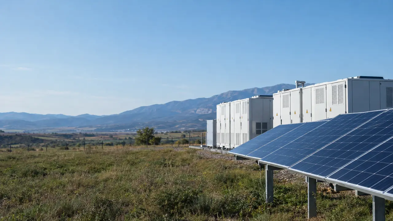 Solar panels and battery storage cabinets at a Bulgarian energy site