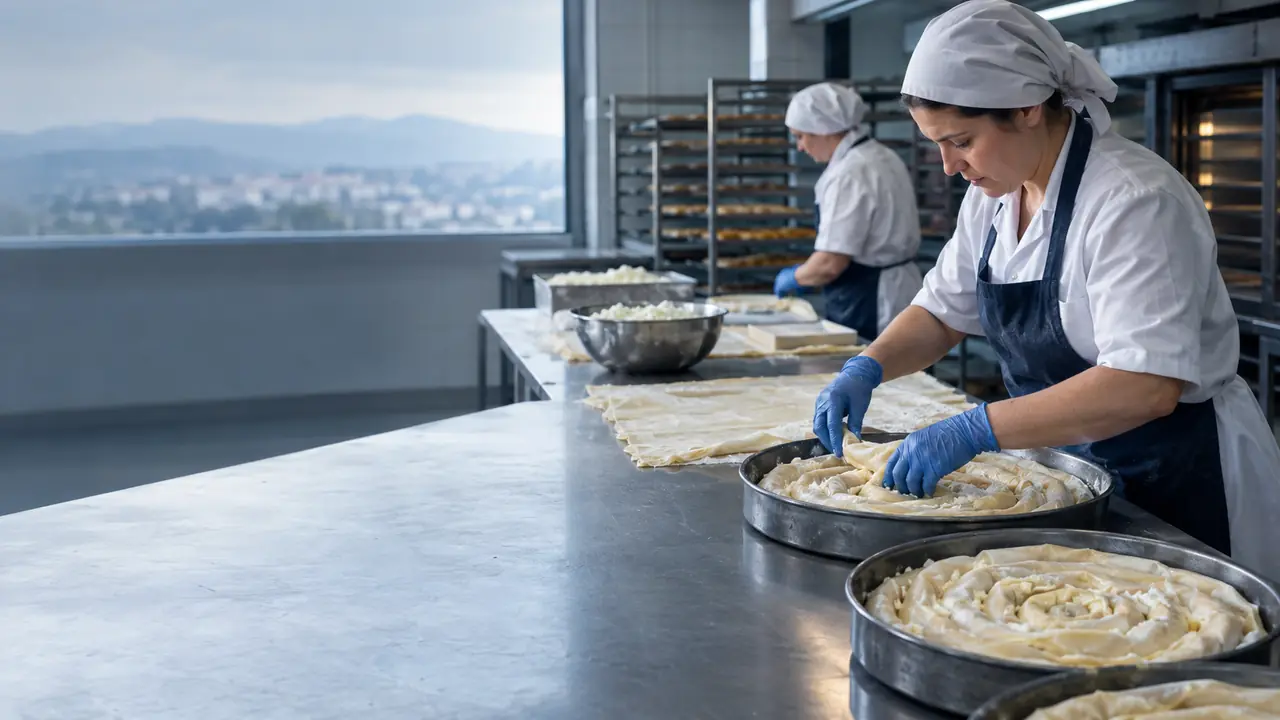 Round trays of cheese-and-egg banitsa on a Bulgarian bakery line