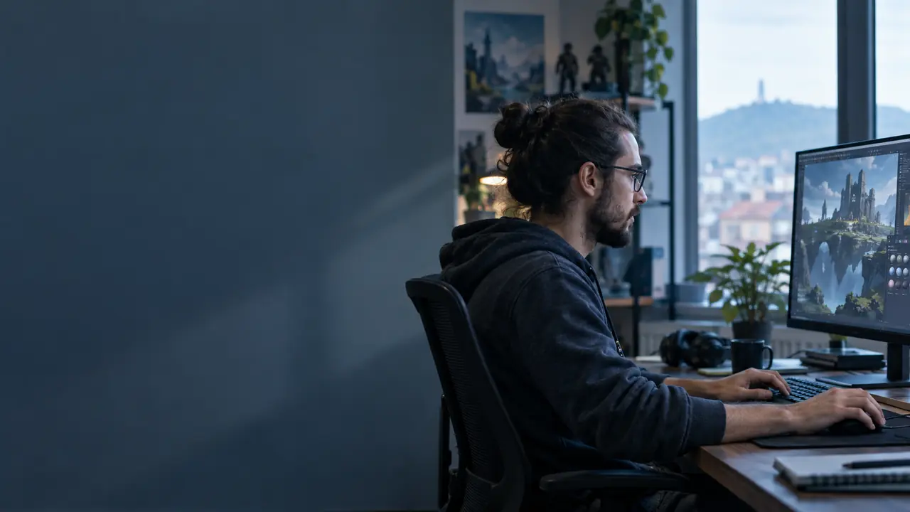 A developer works on a digital game in a Bulgarian studio