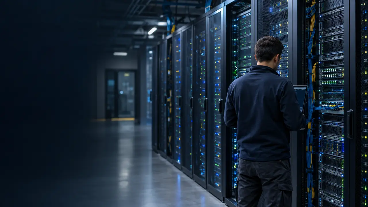 A technician checks server racks in a Bulgarian data centre