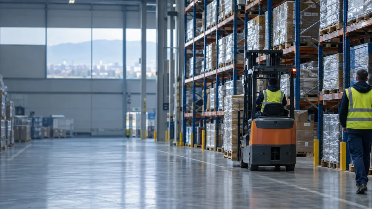 Pallet racks and a forklift in a large logistics warehouse near Sofia