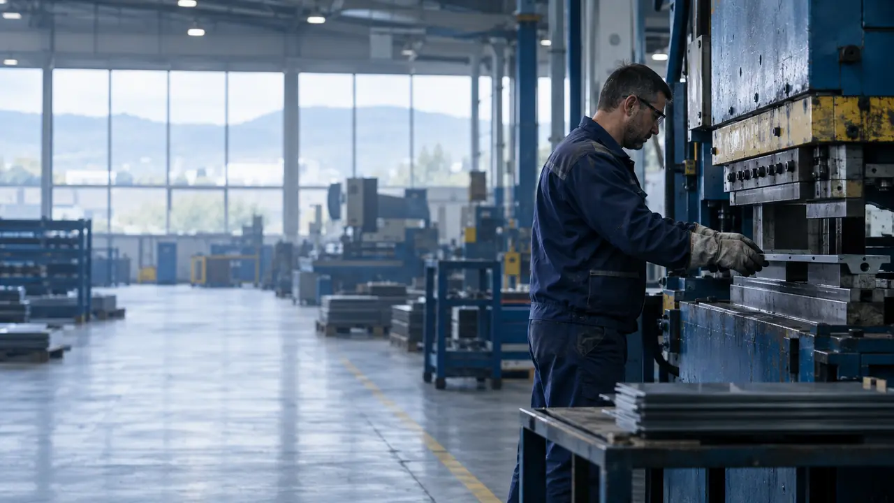 A worker operates an industrial press in a Bulgarian factory
