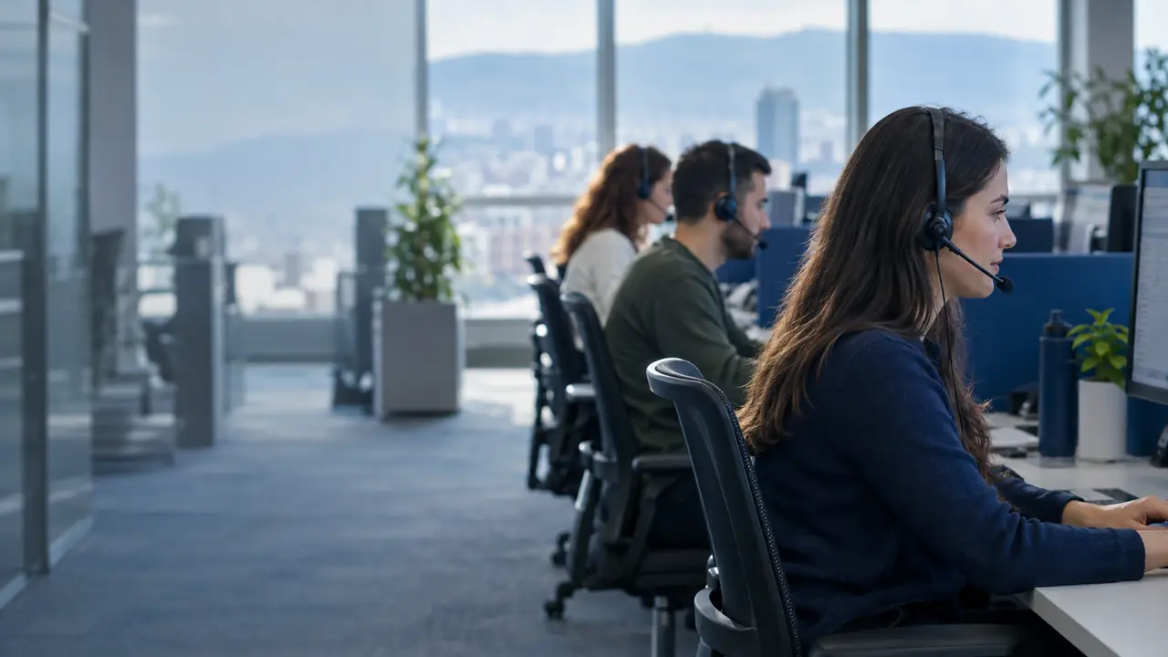 Customer-support staff work at computers in a Bulgarian service centre