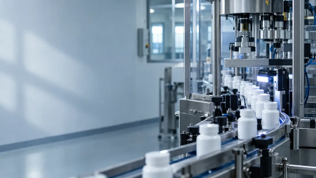 Unlabelled medicine bottles on a pharmaceutical production line