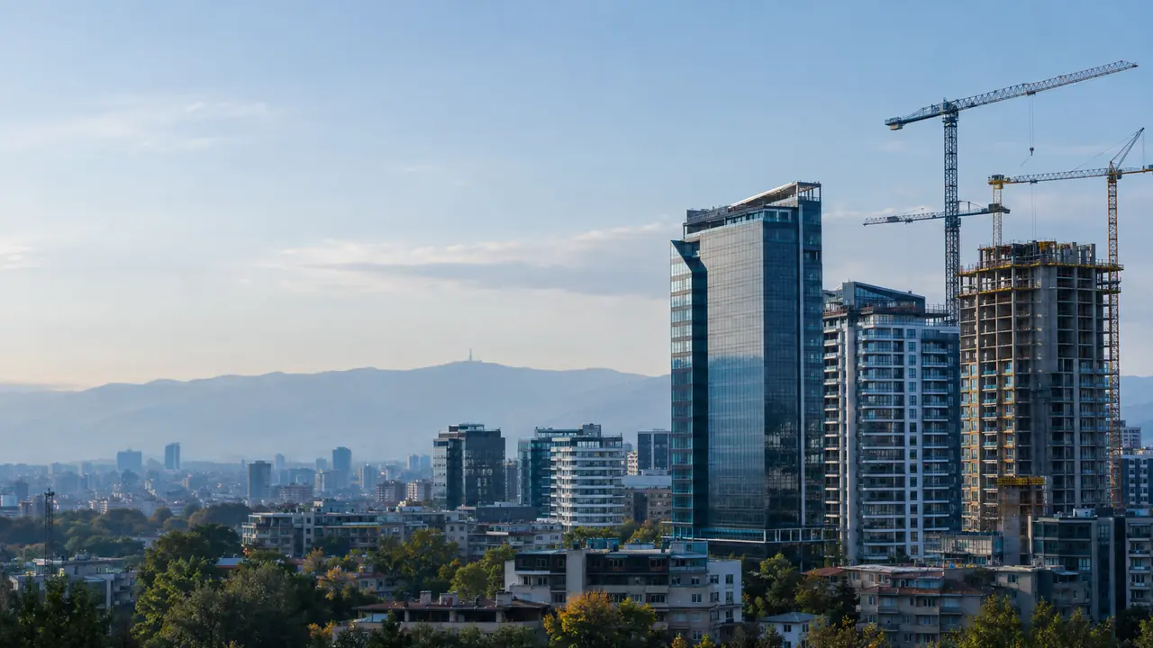 Office buildings and construction cranes on the Sofia skyline
