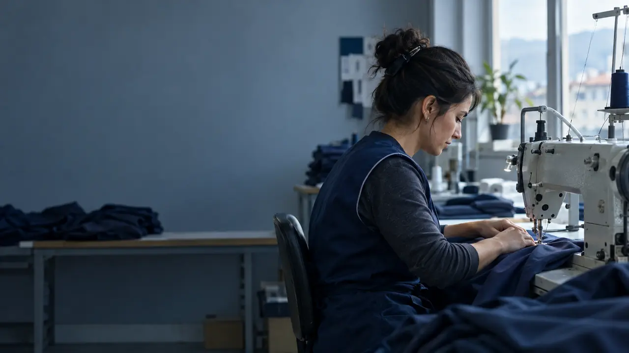 A worker sews fabric in a Bulgarian garment workshop