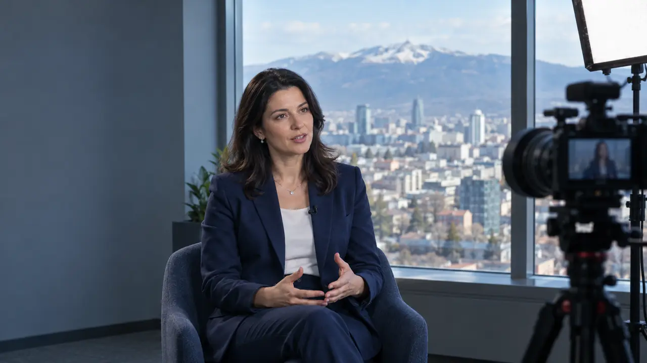 A business leader being filmed for an interview in an office overlooking Sofia and Vitosha mountain
