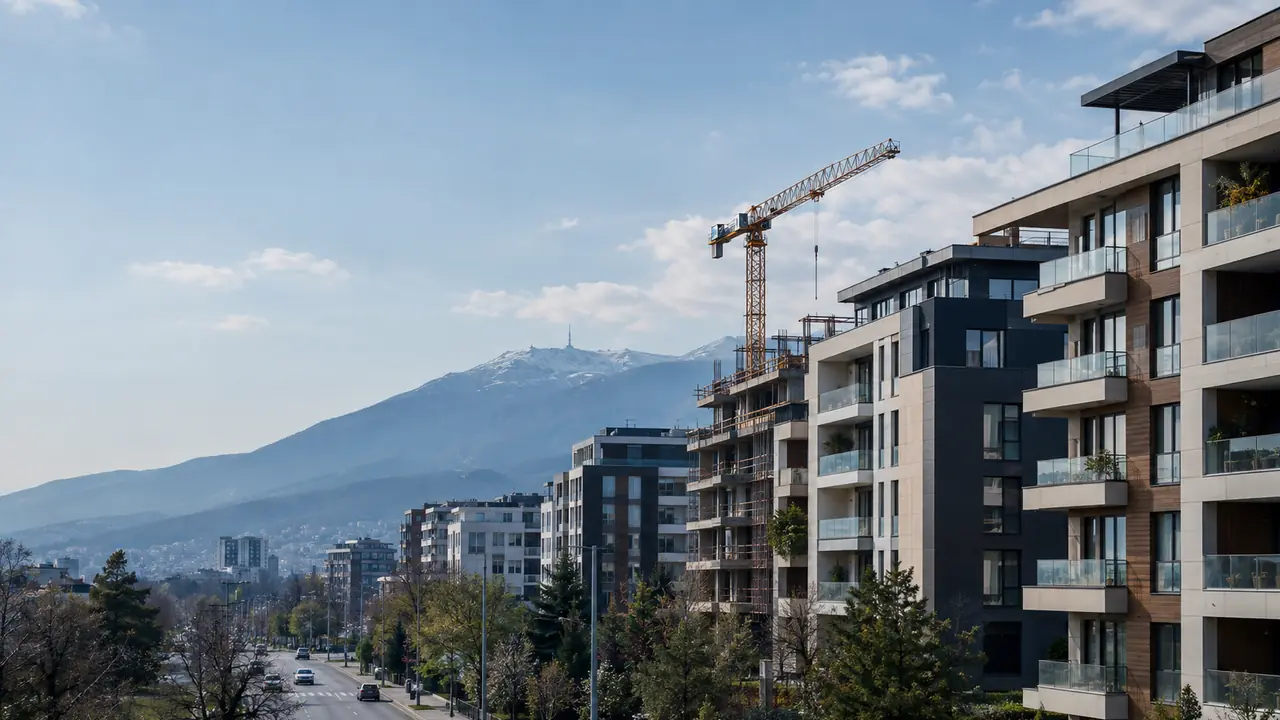 New apartment buildings and a construction crane in Sofia