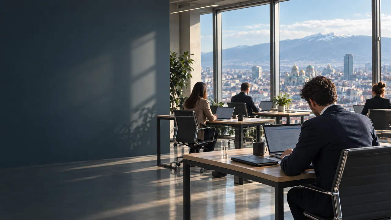Office staff at work in a bright open-plan office in Sofia