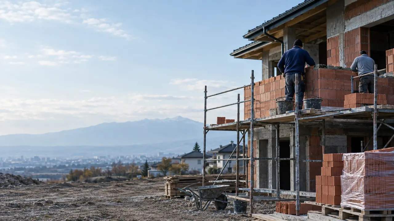 Workers build a brick house near Sofia