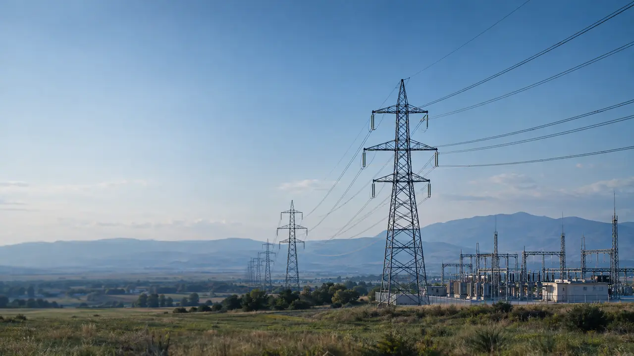 Power lines and an electrical substation on a Bulgarian plain