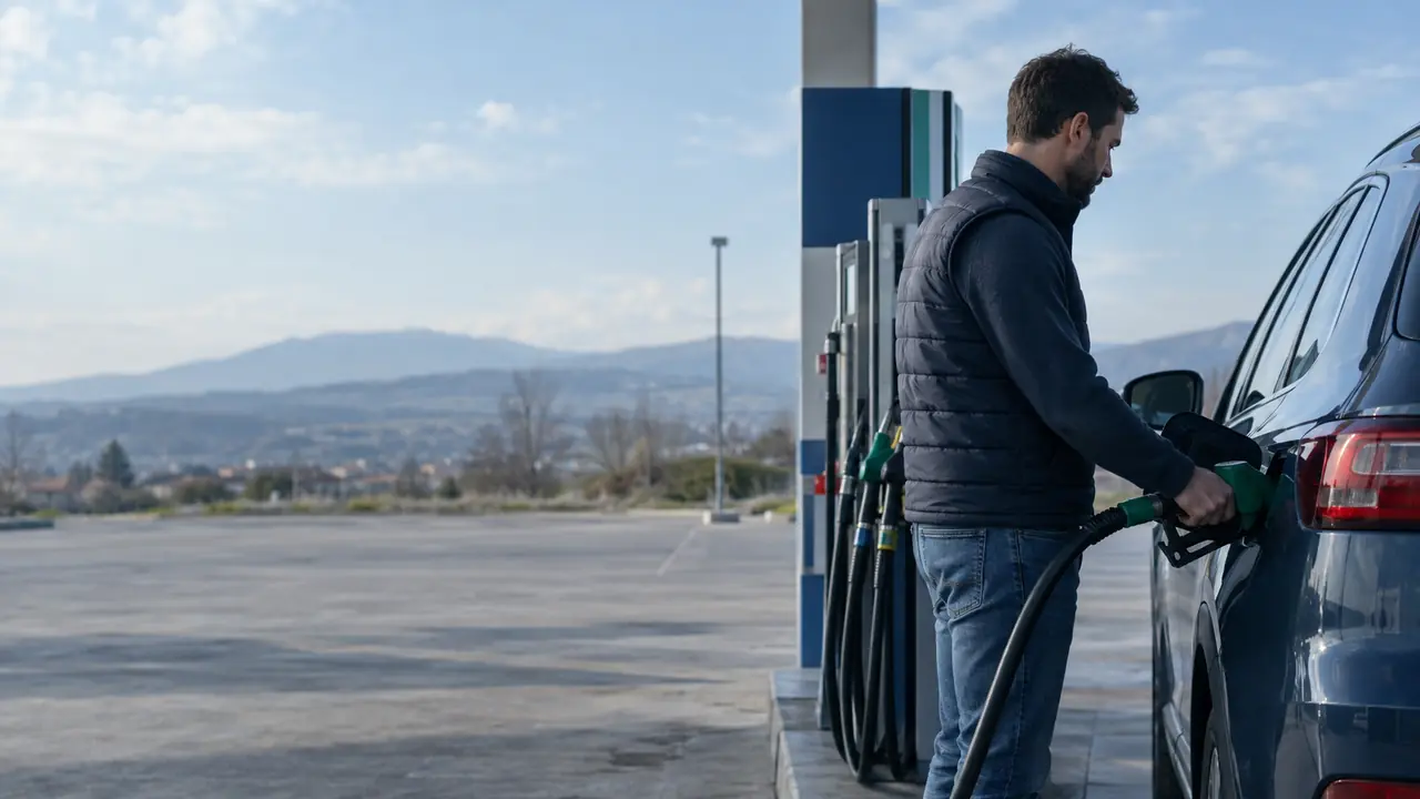 A driver refuels a car at a Bulgarian service station
