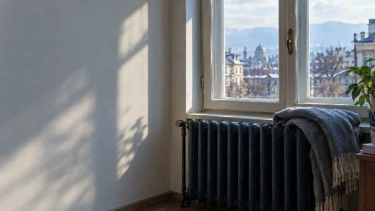 Radiator beneath a window in a Sofia apartment