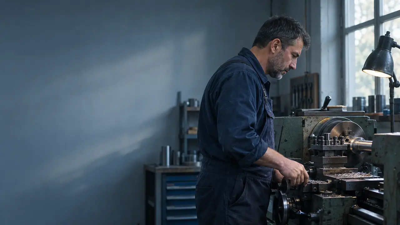 A metalworker operates a machine in a Bulgarian workshop