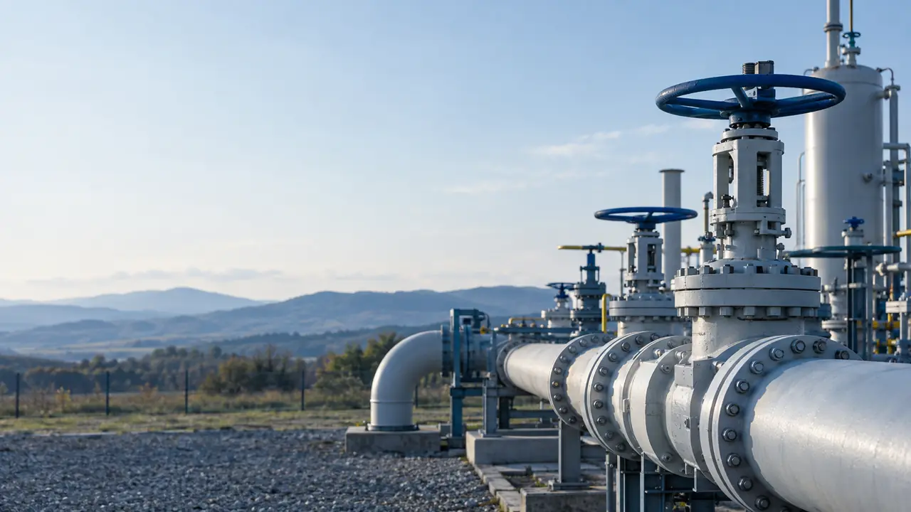 Gas pipes and valves at a pipeline station in Bulgaria