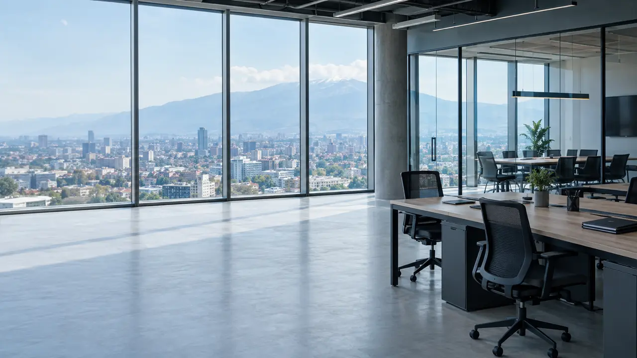 Vacant modern office space with windows overlooking Sofia