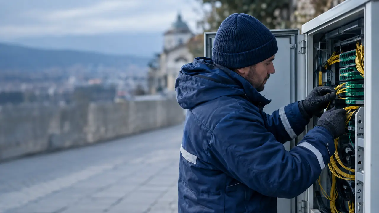 A technician connects fibre-optic cables in Bulgaria