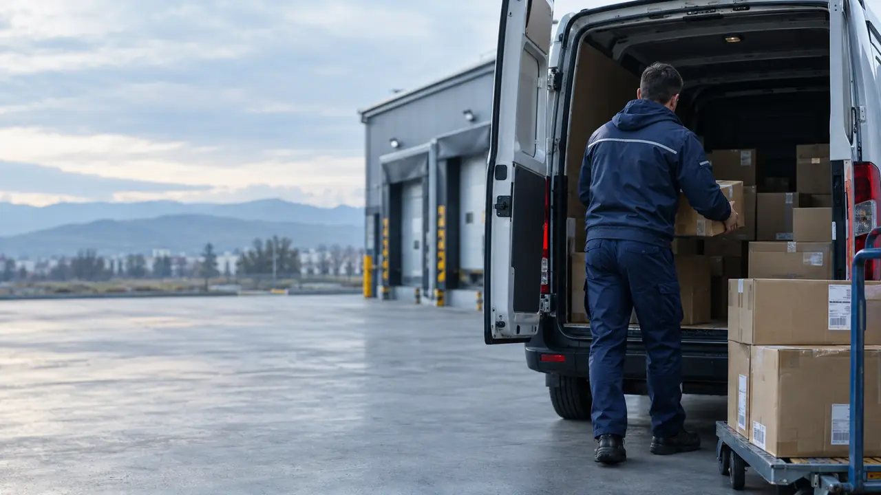 A courier loads parcels into a van at a Bulgarian depot