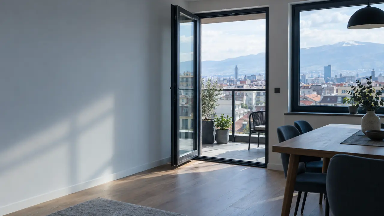 New Sofia apartment interior with a balcony overlooking rooftops