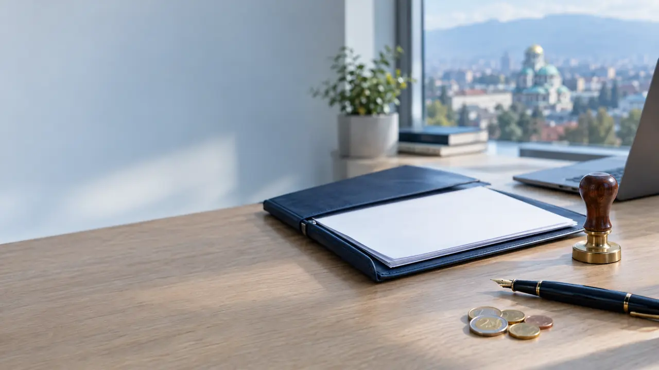 A company registration folder, a notary stamp, a fountain pen and euro coins on an office desk in Sofia