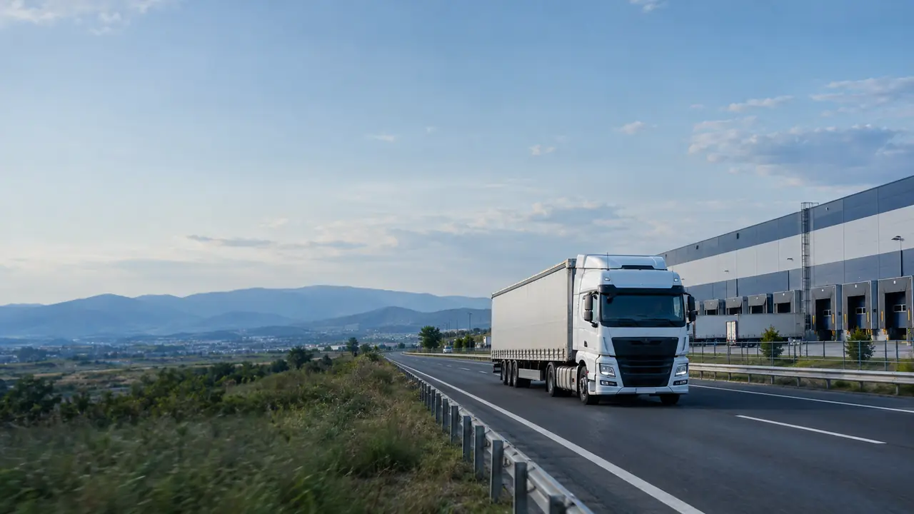 A freight truck passes a distribution warehouse in Bulgaria