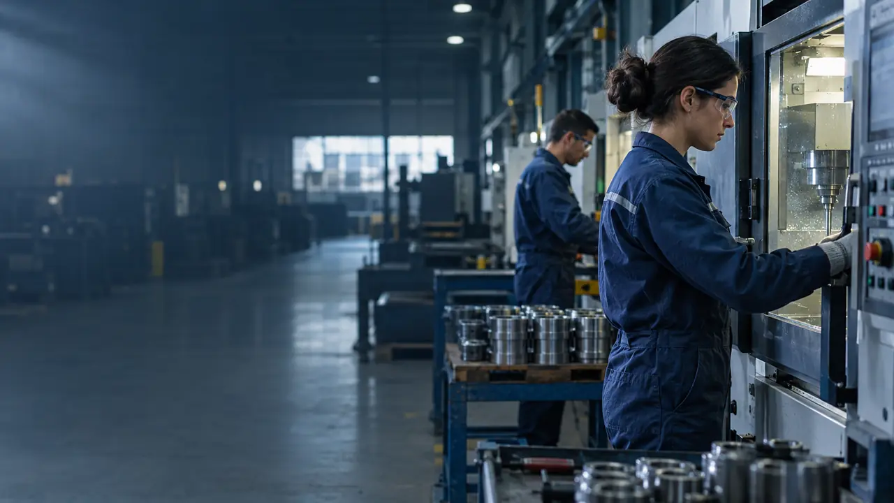 Workers operate machinery inside a Bulgarian industrial plant