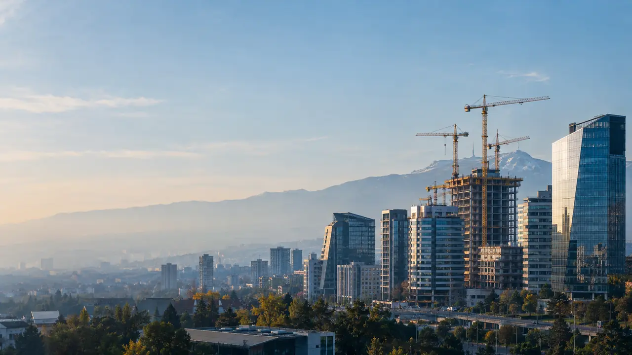 Sofia business district and construction cranes with Vitosha behind