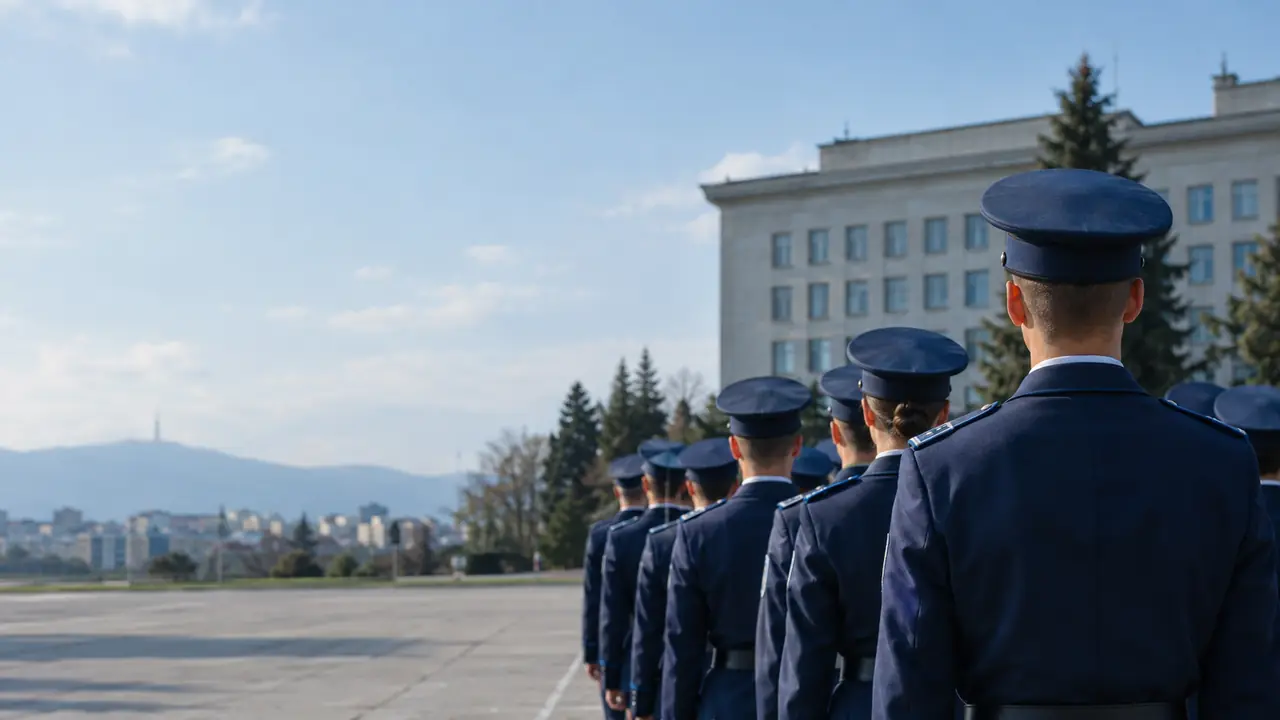 Cadets in navy uniforms on a training academy parade ground