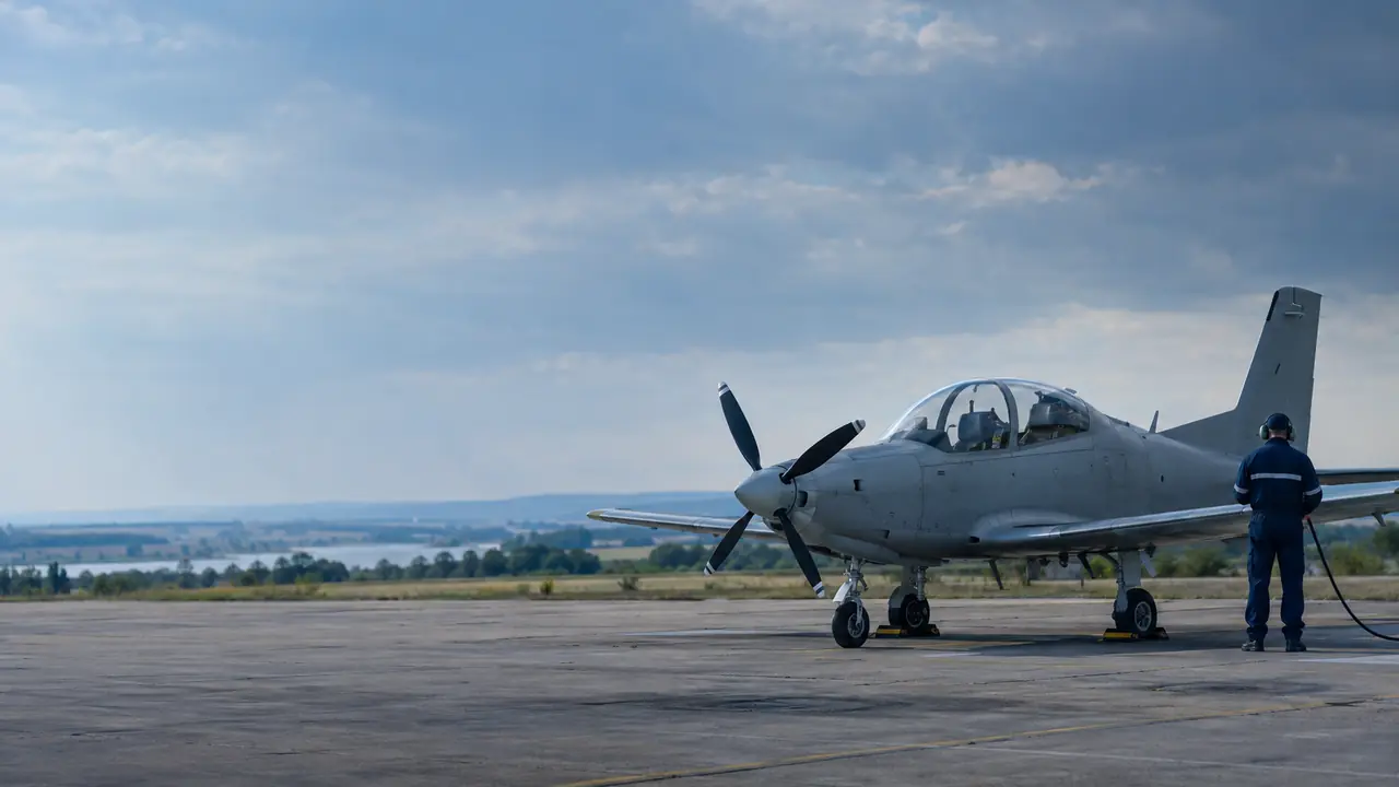 A turboprop training aircraft on an airfield apron on the Danube plain