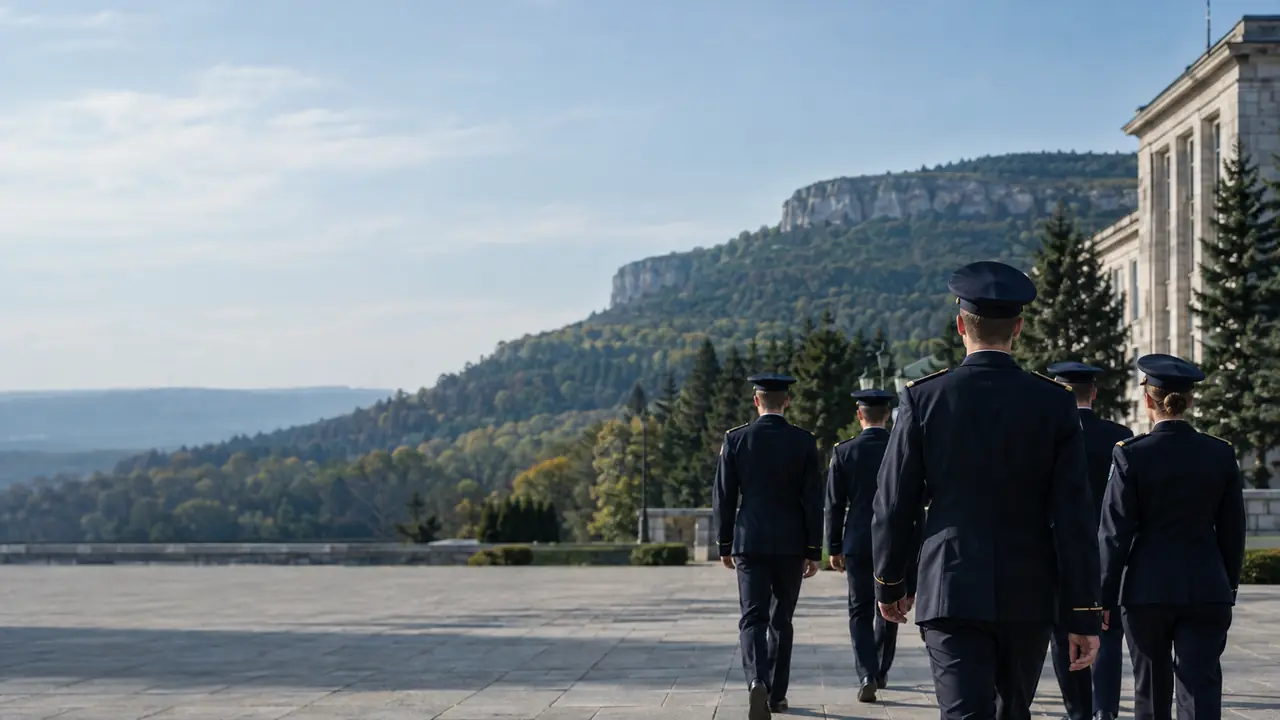 Officer cadets crossing a military college courtyard below the Shumen plateau