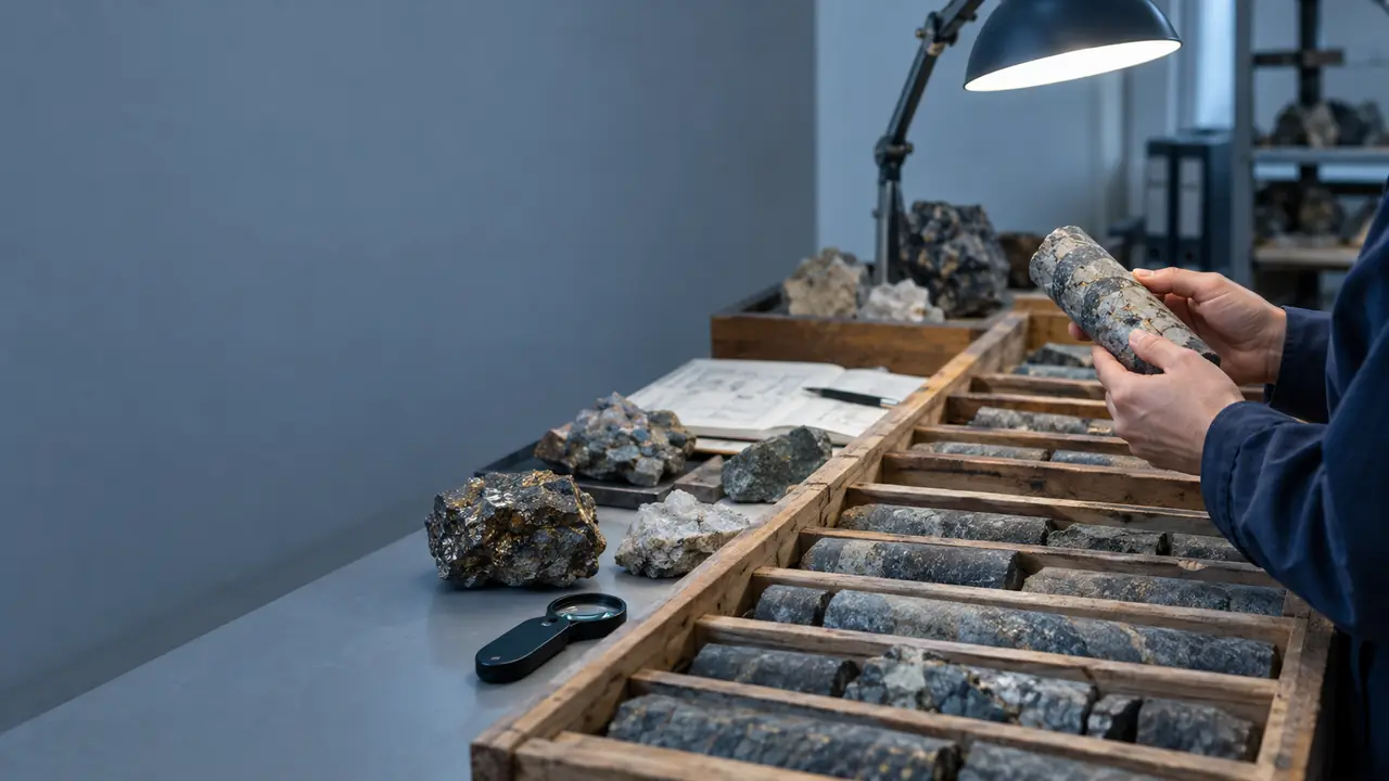 Drill-core samples and minerals on a geology laboratory bench