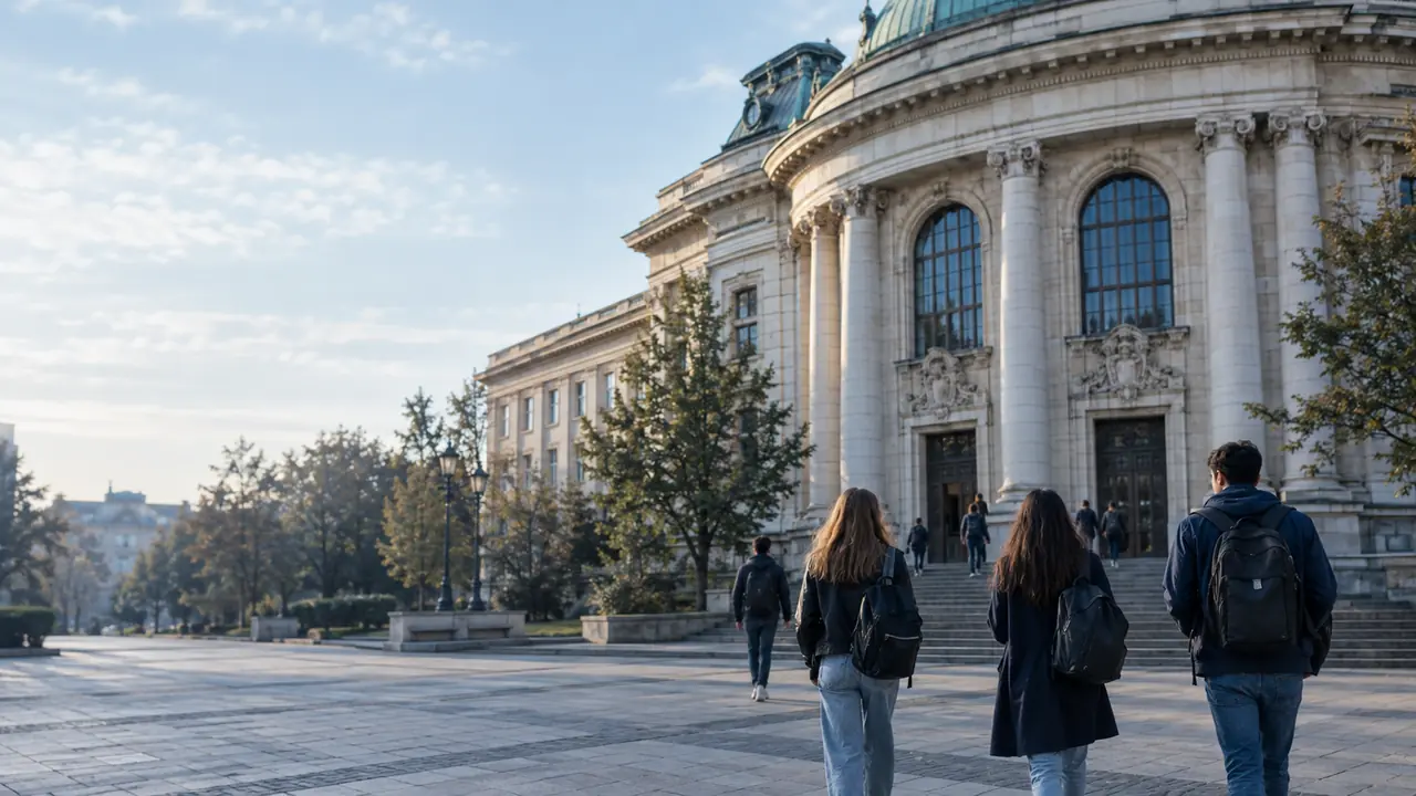 Students crossing the courtyard of Sofia University