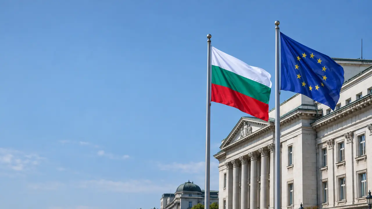The Bulgarian and EU flags flying side by side in front of a government building in Sofia