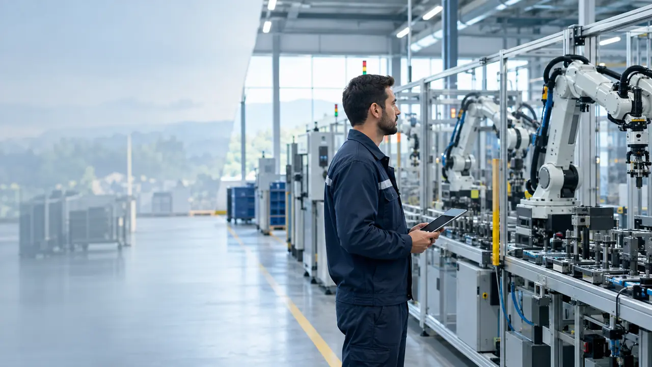 An engineer oversees a robotic production line in Bulgaria