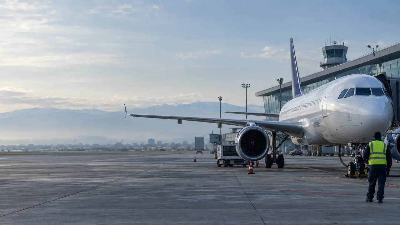 An airliner and ground crew at Sofia Airport