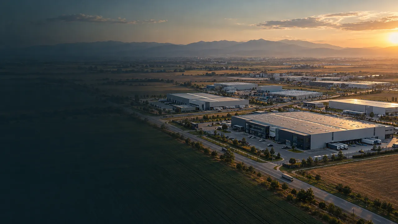An industrial park with modern factory buildings on the Thracian plain near Plovdiv