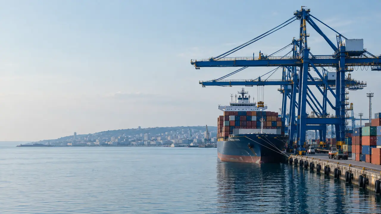 Cargo ship and container cranes at the port of Varna