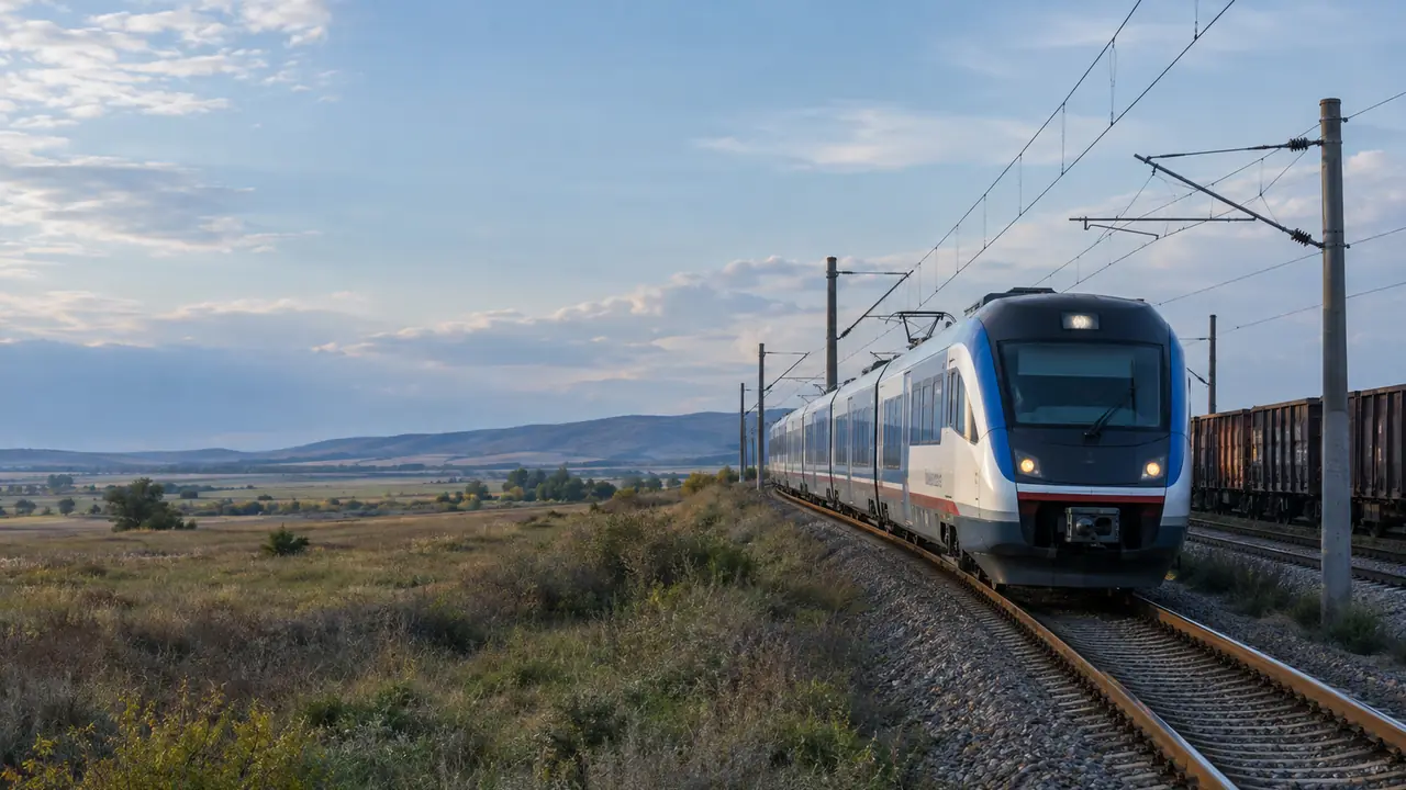 A passenger train and freight tracks cross the Thracian Plain