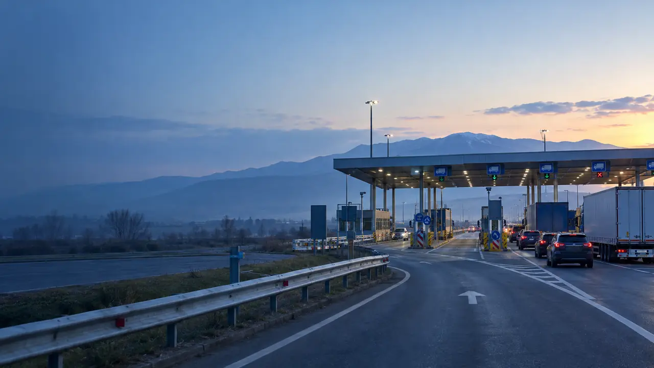 Lorries and cars queuing at a motorway border crossing in Bulgaria at sunrise, with mountains behind