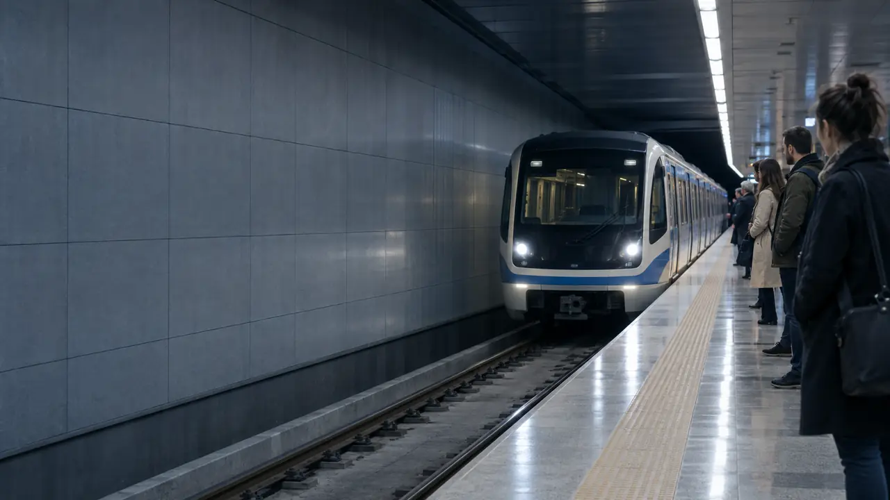 A Sofia Metro train arriving at an underground platform