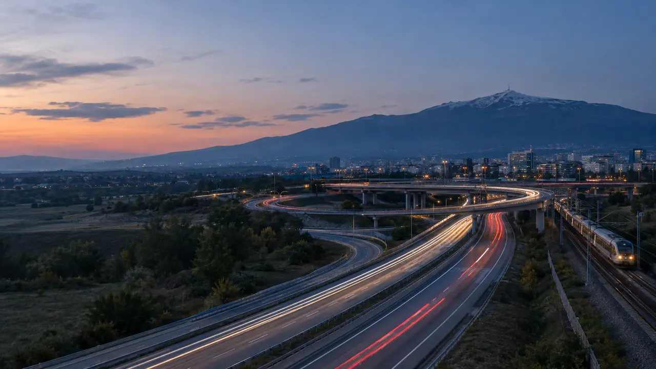 A motorway interchange and railway near Sofia at dusk, with Vitosha behind