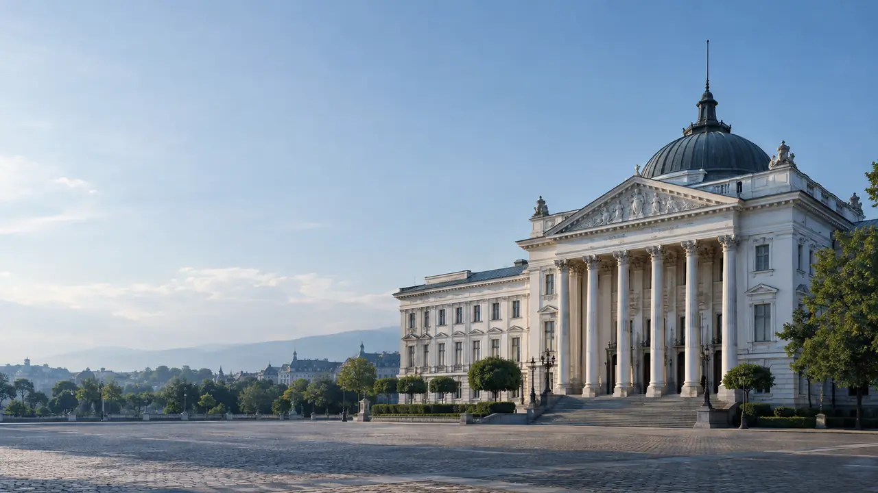 The neoclassical National Assembly building in central Sofia in morning light