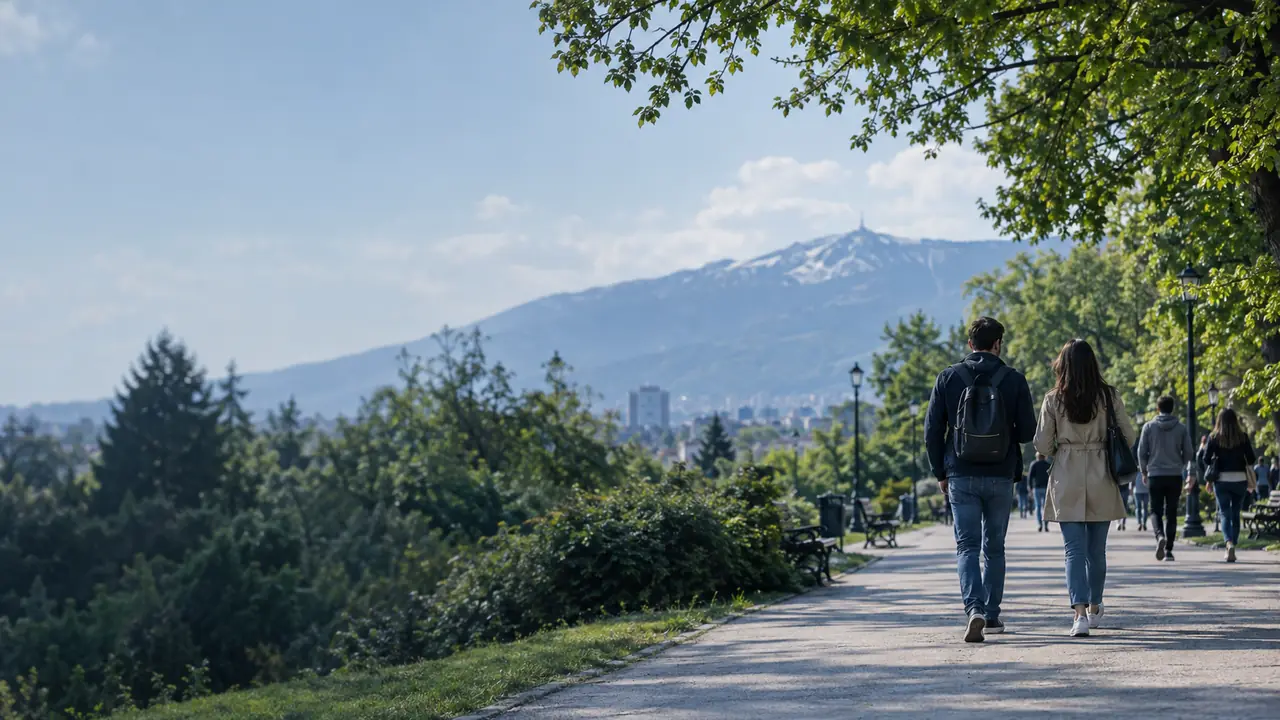 People walk in Sofia’s South Park with Vitosha Mountain behind