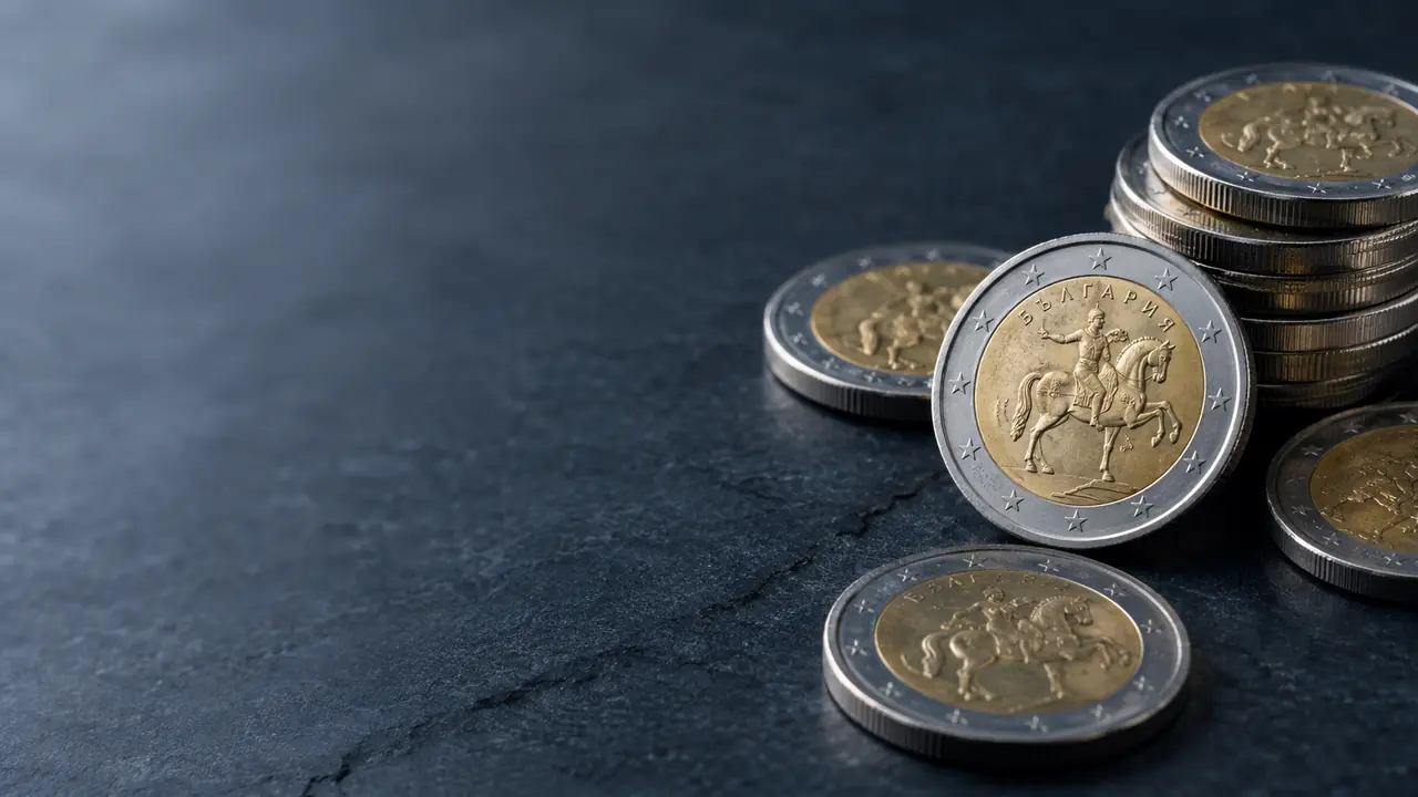 Bulgarian euro coins with the Madara Rider design stacked on a dark surface