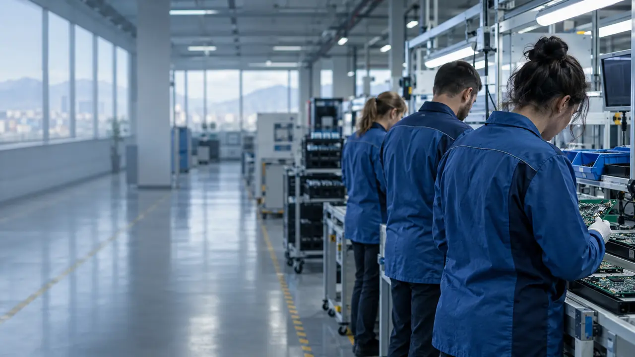 Technicians inspect components on a Bulgarian production line